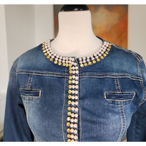 Embellished Pearls And Rhinestones Blue Jean Jacket Size M - Picture 2 of 7